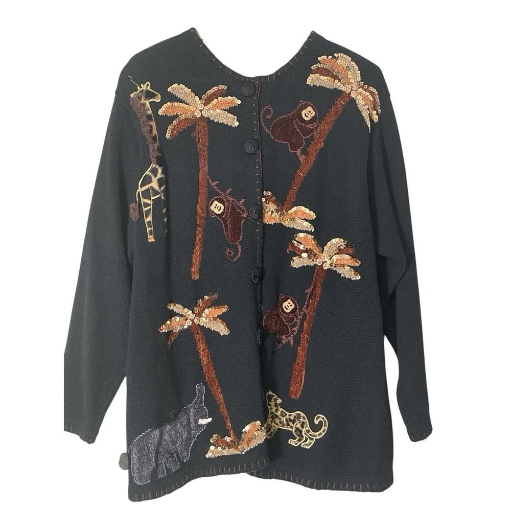 Victoria Woman 1X Embellished Jungle Cardigan Sweater – Sequin Animal Palmtrees - Picture 9 of 13